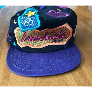 VINTAGE Iron Kids Bread Hat All Over Print 90’s Olympic USA Sponsor Flat Brim